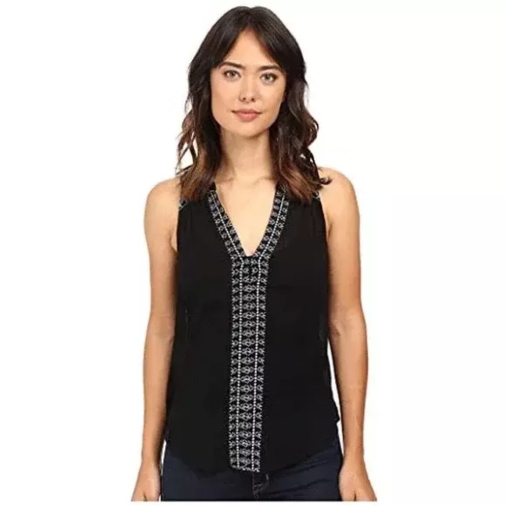 PAIGE Black Sleeveless V-Neck Embroidered Front Tank